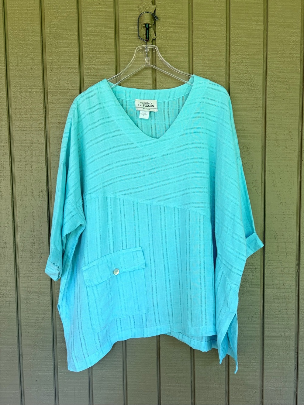 La Fixsun Turquoise Linen Oversized Boxy Pocket Top S Made in USA Artsy Boho